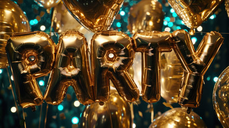 Golden balloons with the word party on a bokeh background.の素材