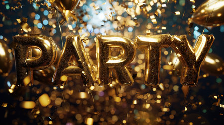 Party gold balloons with confetti and ribbons on bokeh backgroundの素材