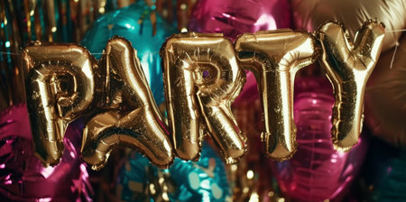 Happy birthday background. Gold foil balloons in the shape of the word Partyの素材