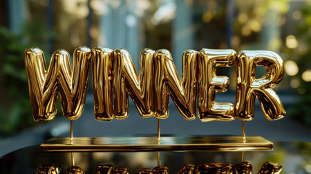 Golden foil balloon with the word Winner. 3d render illustration.の素材