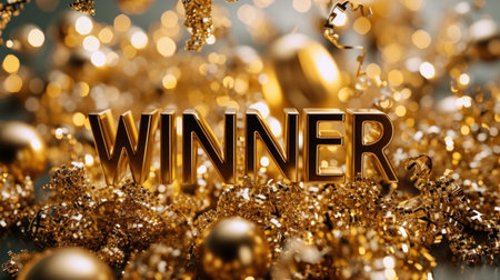 Golden word WINNER with golden christmas decorations. 3D renderingの素材