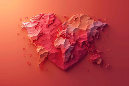 red paper heart on orange background. 3d illustration. love conceptの素材