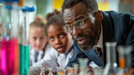 african american teacher and pupils looking at camera in chemical laboratoryの素材