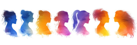Silhouettes of women with colorful watercolor splashes. Vector illustration.の素材