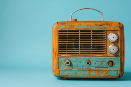 Vintage radio isolated on blue background. Copy space for text.の素材