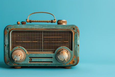 Vintage radio on blue background with copy space for your text.の素材