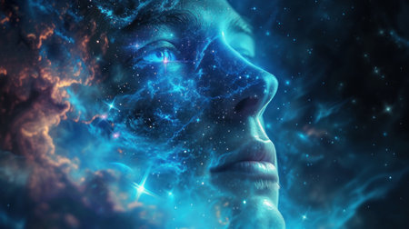 Digital composite of Woman face with glowing stars and nebula in backgroundの素材