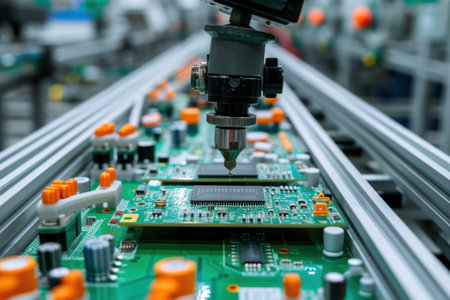 Printed circuit board with printed circuit boards, close-up.の素材