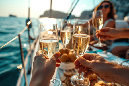Close-up of two female friends clinking glasses with champagne on yacht at sunsetの素材