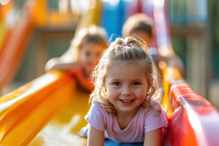 Adorable little girls having fun on the playground on sunny summer dayの素材