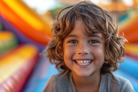 Portrait of a cute little boy smiling at the camera on a playgroundの素材