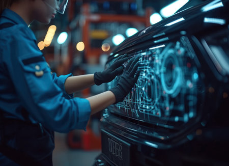 Close-up of female hands in protective gloves touching the screen of a car.の素材