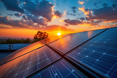 Solar panels on the roof of a house against the background of the setting sunの素材