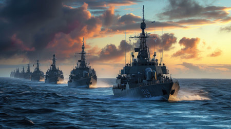 3D Illustration of a battle ship in the sea with shipsの素材