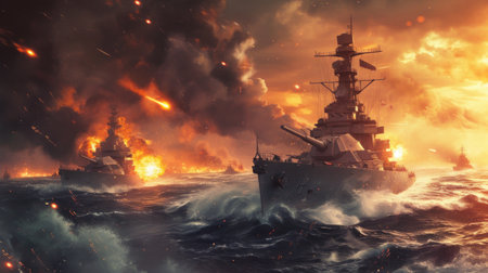 The battle of two warship in the sea. 3D renderingの素材