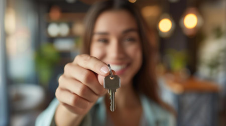 Young woman holding keys to her new house, focus on the keysの素材