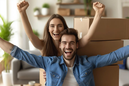 Happy young couple with cardboard boxes moving to new house, closeupの素材