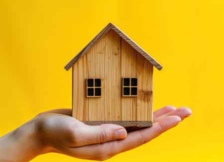 Wooden house model in hand on yellow background. Real estate conceptの素材