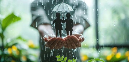 Man holding umbrella protecting family in rain. Save nature and environment concept.の素材