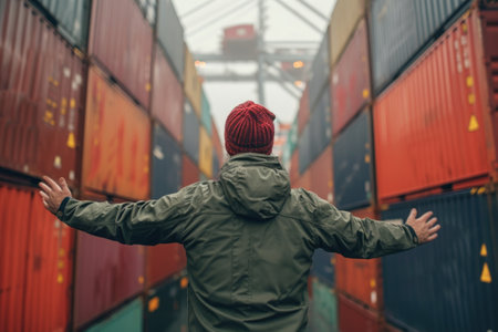 Rear view of a man in a green jacket and red hat standing at the container terminalの素材