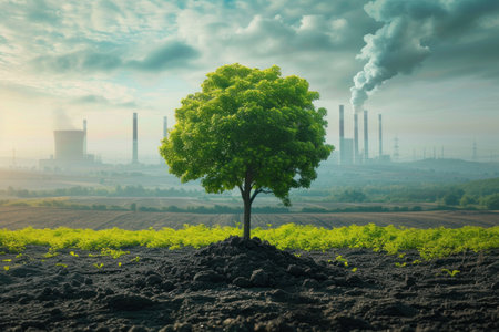 Green tree growing out of the soil with smog in the backgroundの素材