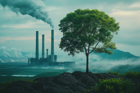 Power plant with smoke and tree in the morning. Ecology concept.の素材