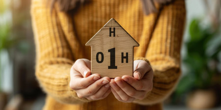 Woman holding wooden house model with abbreviation of 40th anniversary.の素材