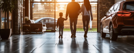 Silhouette of happy family standing in car showroom and holding hands.の素材