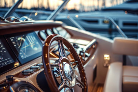 Steering wheel and steering wheel of a luxury yacht. Selective focusの素材