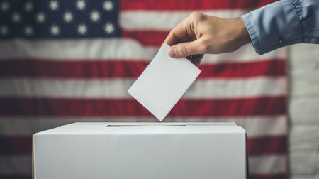 Voting concept - Ballot box with US flag in the backgroundの素材