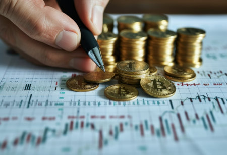 Investment concept, Coins graph stock market data on wooden table.の素材
