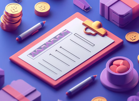 Clipboard with checklist on blue background. 3d illustration.の素材