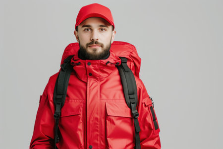 Handsome bearded delivery man in red uniform and cap with backpack looking at cameraの素材