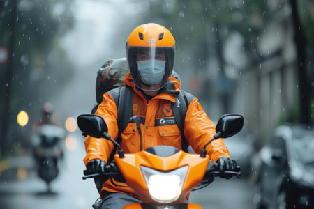Motorcyclist in protective mask and helmet rides a scooter in the rainの素材