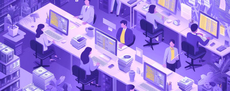 Isometric people working at the computer in the office. Vector illustration.の素材