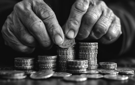 Elderly woman putting coin to money. Black and white.の素材