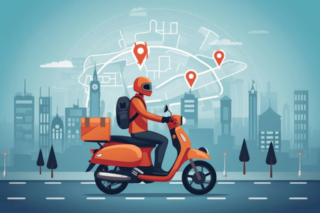 Delivery man in helmet riding scooter on the road. Vector illustrationの素材