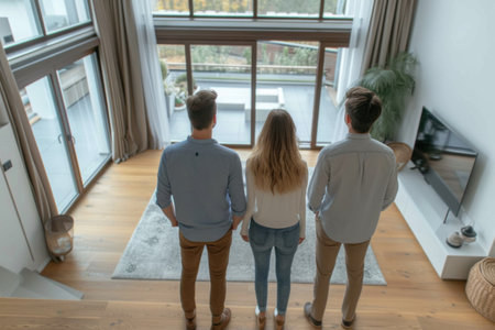 back view of a group of young people looking at the window at homeの素材