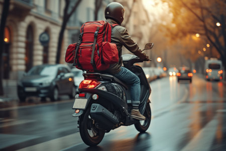 Rear view of a man riding a scooter in the cityの素材
