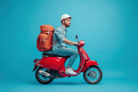 Side view of a young man riding a red scooter on blue backgroundの素材