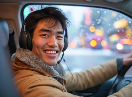 young asian man driving a car and listening to music with headphonesの素材