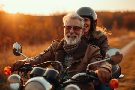 Middle age Man and Woman Riding on Motorcycle, enjoying the open road.の素材