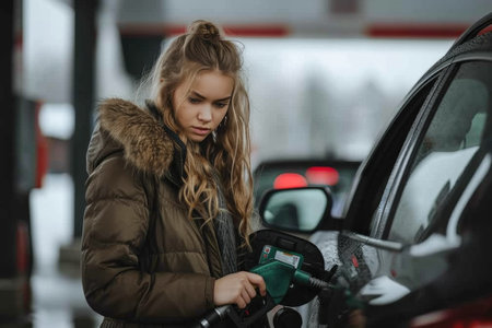 Woman Filling Her Car With Gas at a Gas Stationの素材