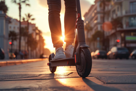 Person Riding an electric scooter on a bustling city street.の素材