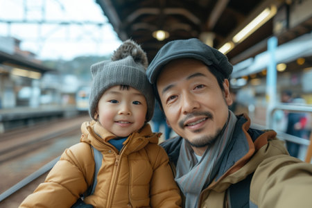 Man Taking Picture of Little Boy at Train Stationの素材