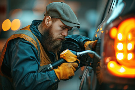 a man at a gas station refueling a carの素材