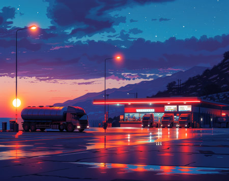 a gas station at night, capturing the illuminated pumps and the surrounding cityscapeの素材