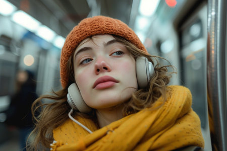 Woman Wearing Headphones on a Subwayの素材