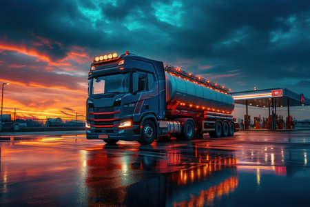 Large Truck Parked in Front of Gas Stationの素材