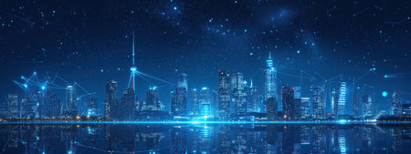 A City at Night With Lights Reflecting in the Waterの素材